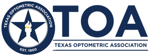Texas Optometric Association Logo – Vision Corner The Texas Optometric Association logo shows a navy blue star with a white torch inside a circular badge next to the bold letters "TOA" and the full name below – Vision Corner